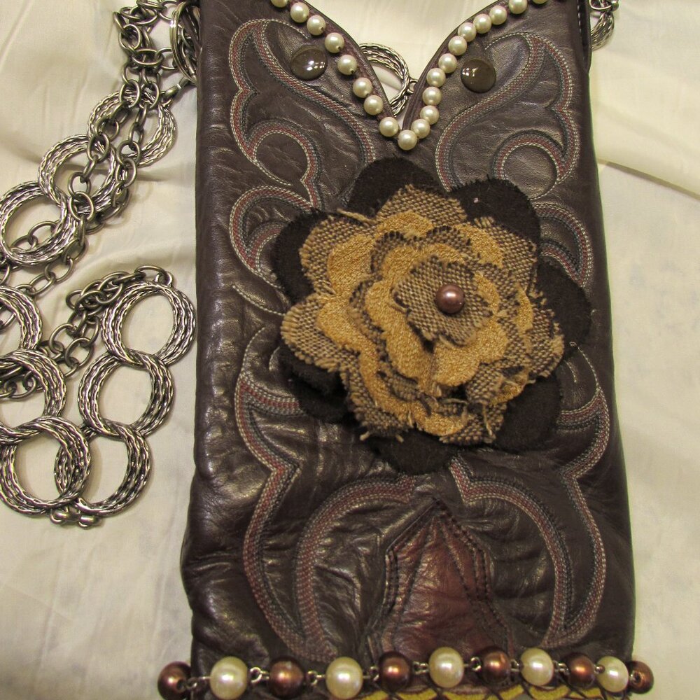 Vintage Nocona Boot Purse Brown Pearl Trimmed Leather Handmade 11"